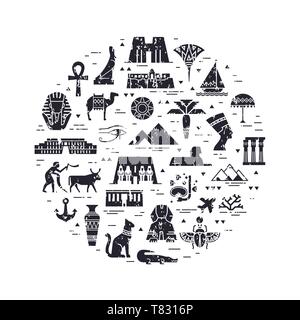 Monochrome circular design pattern of filled icons on the theme of sights and symbols of Egypt. Sights and symbols of Egypt in flat style isolated in  Stock Vector