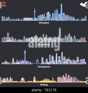 vector illustrations of Shanghai, Hong Kong, Guangzhou and Beijing skylines Stock Vector