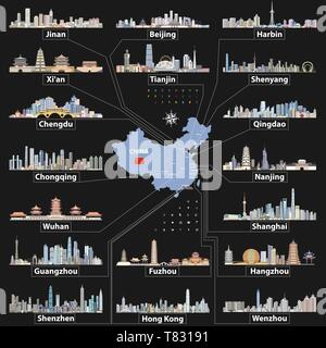 China map with largest chinese city skylines. Vector illustration Stock Vector