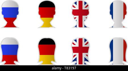 A man and a woman with flags on the face of Great Britain, Germany, France and Russia, patriots Stock Vector