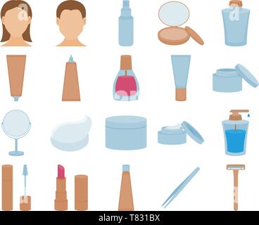 Cosmetics and skin care, creams, liquid soap, powder box icon set in flat style on a white background Stock Vector