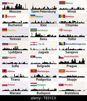 vector silhouettes of East European cities skylines with countries flags Stock Vector