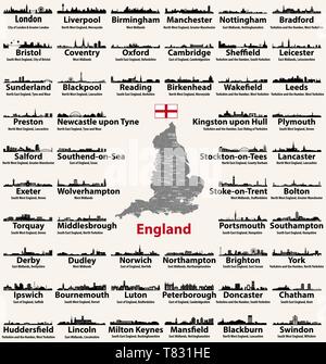 England map and cities skylines with names of city, region and ceremonial county Stock Vector