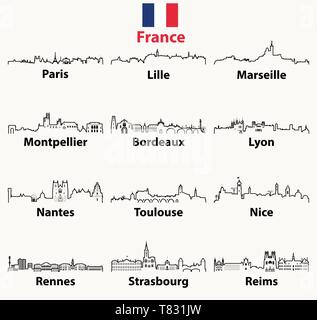 vector outline icons of France cities skylines Stock Vector