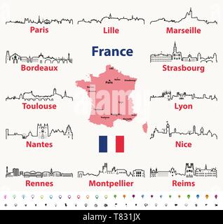France map with largest cities skylines silhouettes vector set Stock Vector