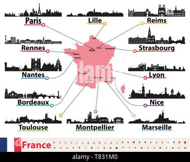 France map with largest cities skylines silhouettes vector set Stock Vector