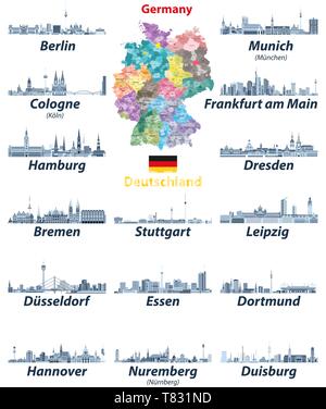 vector illustration of Germany high detailed map with largest cities skylines icons Stock Vector