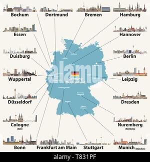 vector illustration of Germany high detailed map with largest cities skylines icons Stock Vector