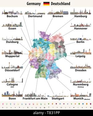 vector illustration of Germany high detailed map with largest cities skylines icons Stock Vector