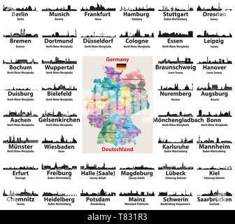 Germany map with largest cities skylines silhouettes vector set Stock Vector