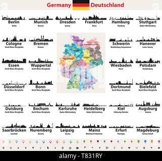 Germany map with largest cities skylines silhouettes vector set Stock Vector