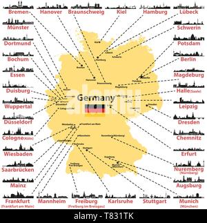 Germany map with largest cities skylines silhouettes vector set Stock Vector