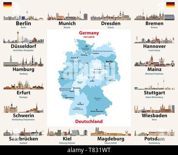 Vector set of Germany map with state capitals cities skylines Stock Vector