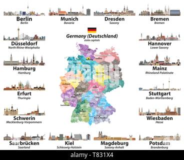 Vector set of Germany map with state capitals cities skylines Stock Vector