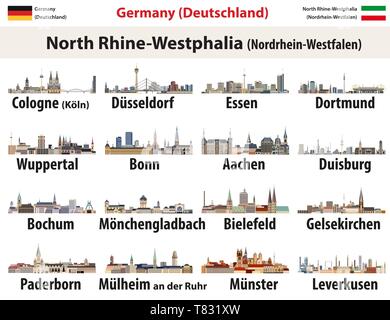 vector set of Germany state North Rhine- Westphalia largest cities skylines icons Stock Vector