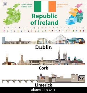 Republic of Ireland traditional countries and provinces map and Irish largest cities skylines Stock Vector