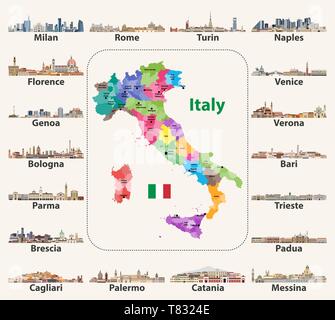vector illustration of Italy map with main cities skylines Stock Vector