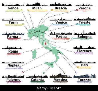 map of Italy with largest italian cities skylines silhouettes Stock Vector