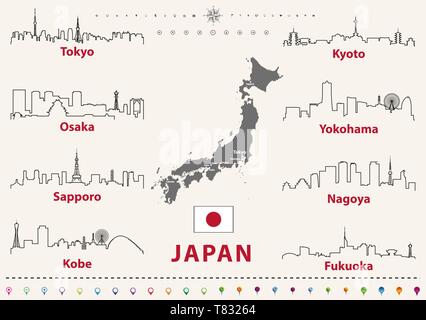 vector illustration of japanese cities skylines outlines Stock Vector