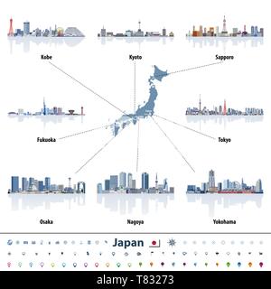 japanese map with largest Japan cities skylines Stock Vector