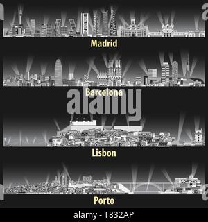 vector illustrations of Madrid, Barcelona, Lisbon and Porto city skylines Stock Vector