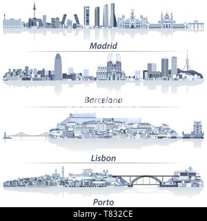 vector illustrations of Madrid, Barcelona, Lisbon and Porto city skylines Stock Vector