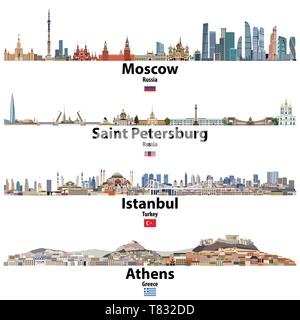 cityscapes of Moscow, Saint Petersburg, Istanbul and Athens Stock Vector