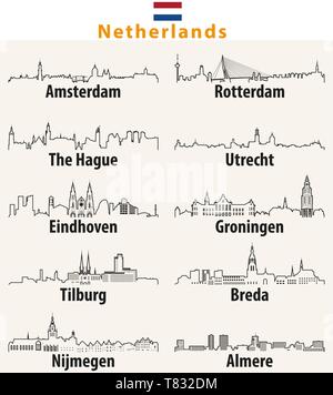 Netherlands largest cities skylines outlines Stock Vector