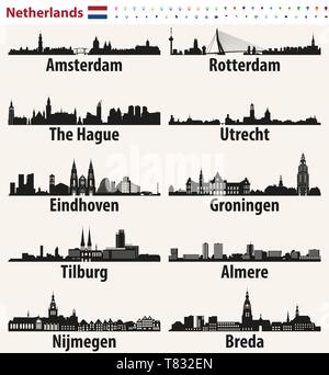 Netherlands largest cities skylines silhouettes Stock Vector