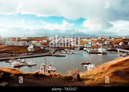 Boats moored in harbour, Stykkishólmur, Snafellsnes- og Hnappadalssysla, Iceland Stock Photo