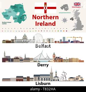 Northern Ireland counties map and largest cities skylines Stock Vector