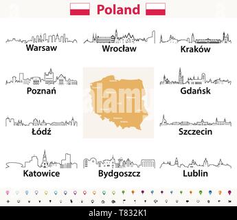 vector map of Poland with largest city skylines Stock Vector