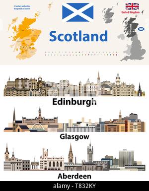 Scotland subdivisions (unitary authorities) map and Scottish largest cities skylines Stock Vector