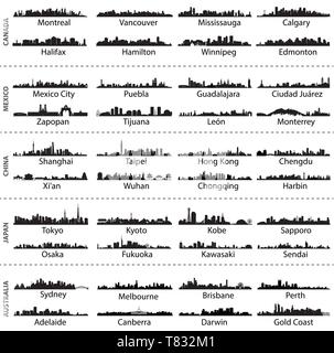 vector isolated skylines of Canada, Mexico, China, Japan and Australia cities Stock Vector