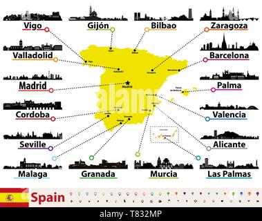 vector map of Spain with largest cities skylines Stock Vector