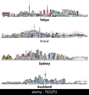 vector illustrations of Tokyo, Seoul, Sydney and Auckland skylines Stock Vector