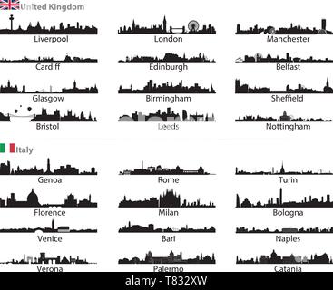 skylines of Italy and United Kingdom cities vector set Stock Vector