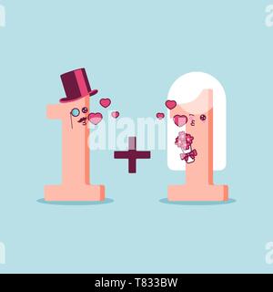 One plus one equal love. A cartoon flat design illustration mathematics wedding. Stock Vector