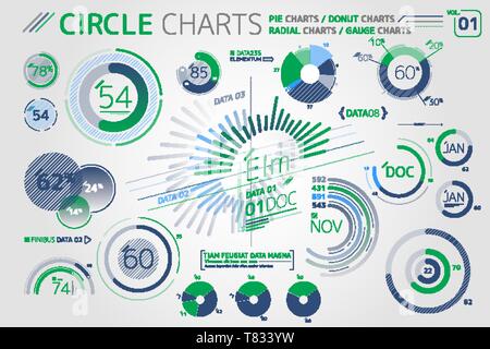 Circle Charts, Pie Charts, Radial Charts and Gauge Charts Infographic Elements Stock Vector