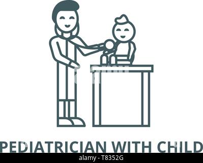 Pediatrician with child,kid doctor vector line icon, linear concept, outline sign, symbol Stock Vector