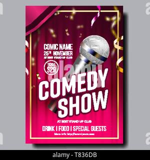 Modern Bright Poster Card Of Comedy Show Vector. Microphone, Golden Confetti, Red Curtain On Background And Entertainment Depicted On Comedy Performan Stock Vector