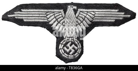 A sleeve eagle for officers Woven metal thread, so-called 'flatwire' version. Used exemplar from the estate of Obersturmbannführer Erdmann (cf. lot no. T25344). historic, historical, 20th century, 1930s, 1940s, Waffen-SS, armed division of the SS, armed service, armed services, NS, National Socialism, Nazism, Third Reich, German Reich, Germany, military, militaria, utensil, piece of equipment, utensils, object, objects, stills, clipping, clippings, cut out, cut-out, cut-outs, fascism, fascistic, National Socialist, Nazi, Nazi period, Editorial-Use-Only Stock Photo