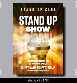Poster Of Best Stand Up Night Show In Club Vector. Modern Golden Microphone, Yellow Curtain And Light Bubbles Due Spotlight On Poster With Information Stock Vector