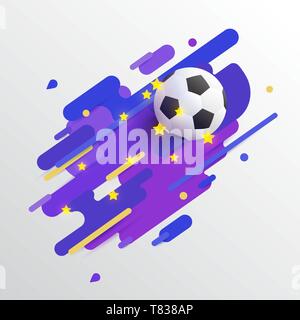 Realistic soccer ball, football, on color bars with bright stars. Vector illustration icon or banners design for soccer championship, games, tournamen Stock Vector