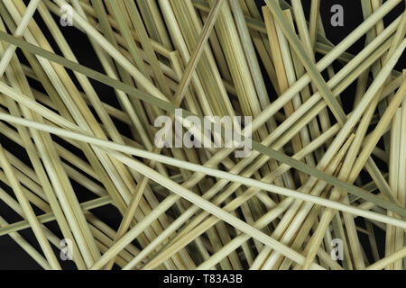 Messy looking background of natural bamboo skewers which are used for cooking on black background Stock Photo