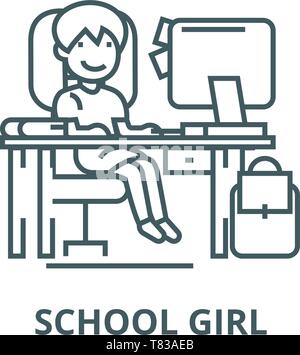 School girl on the table with computer,  vector line icon, linear concept, outline sign, symbol Stock Vector