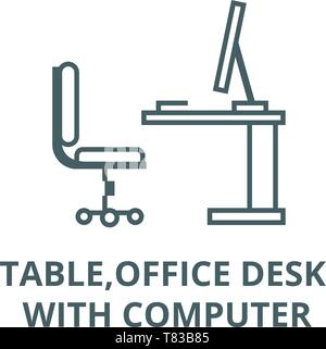 Table,office desk with computer sideview vector line icon, linear concept, outline sign, symbol Stock Vector