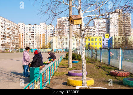 Kyiv, Ukraine - April 06, 2019: Cityscape on Poznyaki residential area in Darnitskiy district of Kyiv, Ukraine Stock Photo