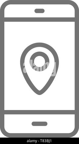 Smartphone with destination mark, navigator, geolocation, gps navigations line icon. Stock Vector
