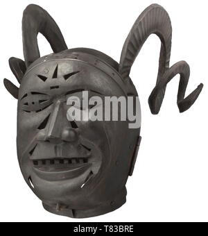 A Brank Or Mask Of Shame Horned Helmet In The Style Of An Armet With Schembart Visor Made For A Collector And Modelled After An Original Dating From The 16th Century Two Piece